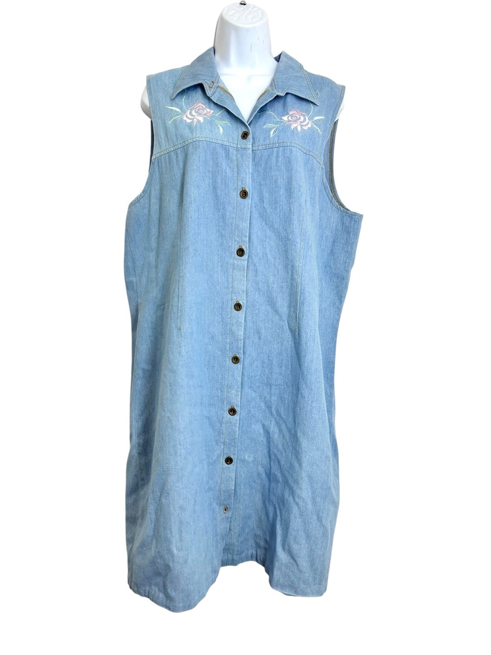 Whirlaway Frocks Vtg 90s Light Blue Denim Button-Front Dress XL Embroidered
